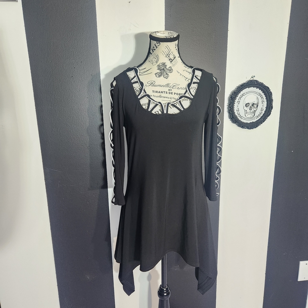 Joseph Ribkoff Black Scoop Neck Tunic with Lattice Trim - Picture 2 of 5